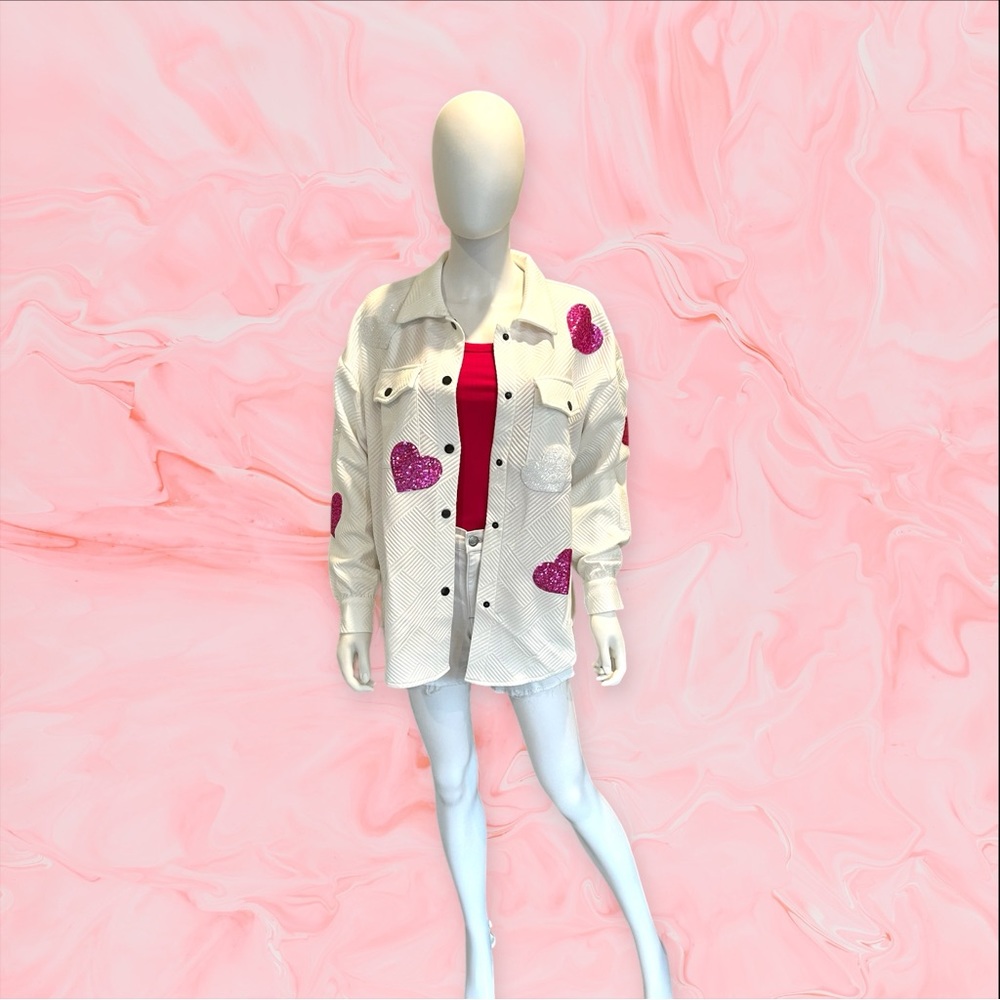 Beige sequin heart ribbed shacket S M L - Picture 4 of 7
